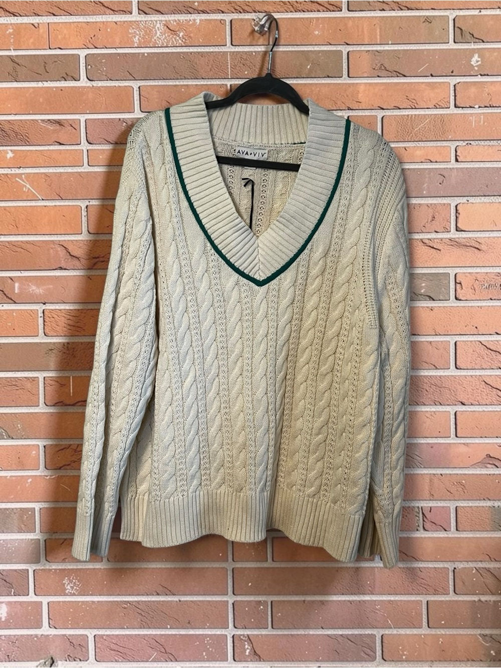 Ava & Viv Cream Cable V-Neck Sweater with Green Trim